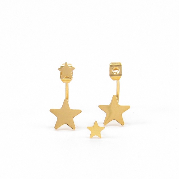 Gold Star Ear Jacket Earrings Small Cute Double - Picture 3 of 6